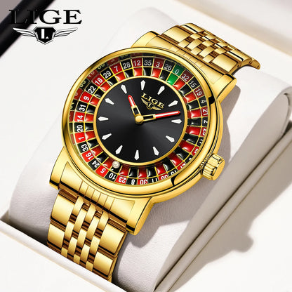LIGE Creative Golden Mens Watches Roulette Game Dial Fashion Man Watch Waterproof Luminous Quartz Wristwatches Rolling Ball+Box