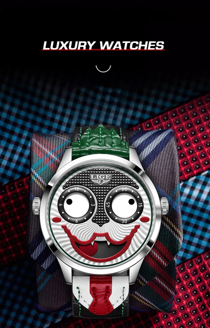 LIGE Creative Joker Watch Men Clown Men's Watches Fashion Leather Strap Waterproof Quartz Wristwatches Moon Phase Clock+BOX