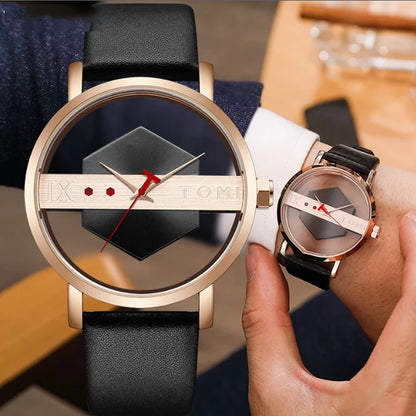 Unique Creative Half Transparent Unisex Watch clock For Men Women Couple Geek Stylish Leather Wrist watches Fashion Quartz watch