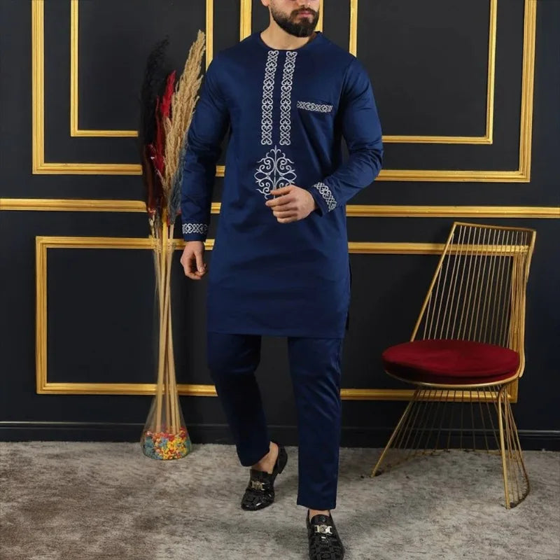 African Muslim Men Wedding Suit 2 Piece Set Long Sleeve Round Neck Top and Pants Traditional Style