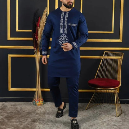 African Muslim Men Wedding Suit 2 Piece Set Long Sleeve Round Neck Top and Pants Traditional Style