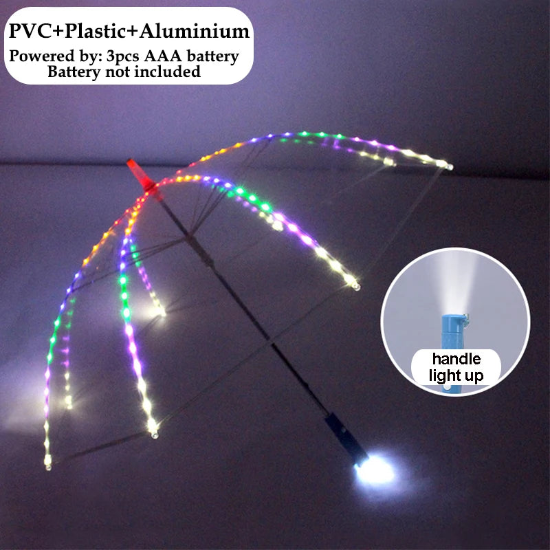 Romantic Gift Colorful Led Light Umbrella With Flashlight Creative Long Handle Transparent Straight Handle Flashlight Umbrella