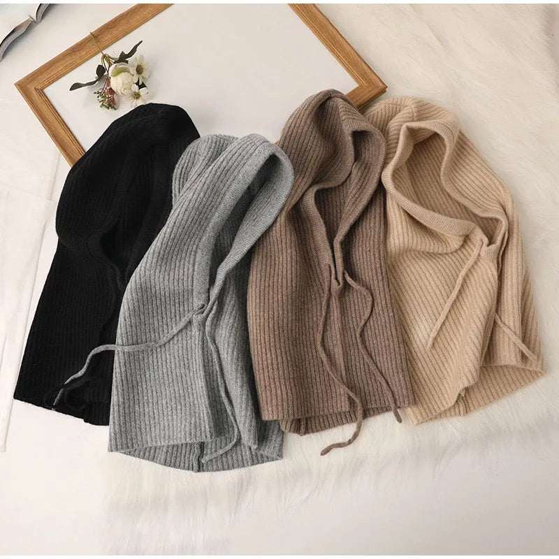 Knitted Hooded Caps Winter Balaclava Hats Women Korean Style Outdoor Warmer Drawstring Hats One-piece Neck Collar Beanies Cap