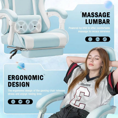 Ergonomic Swivel Gaming Chair with Lumbar Massage, Adjustable Height, and Ottoman (Light Blue)