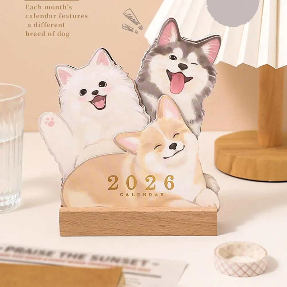 Wooden Base 2026 3D Cat Dog Series Desk Calendar,Multifunctional Desktop Planner Calendar Yearly Agenda Organizer for Home Offic