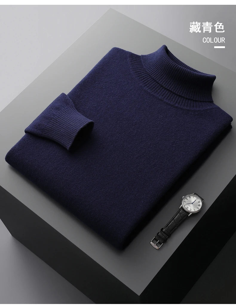 Autumn and winter new 100% pure merino wool pullover men's turtleneck cashmere sweater thickened warm  loose solid color top