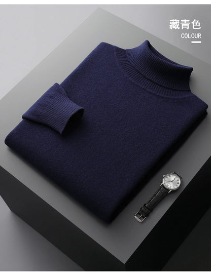 Autumn and winter new 100% pure merino wool pullover men's turtleneck cashmere sweater thickened warm  loose solid color top