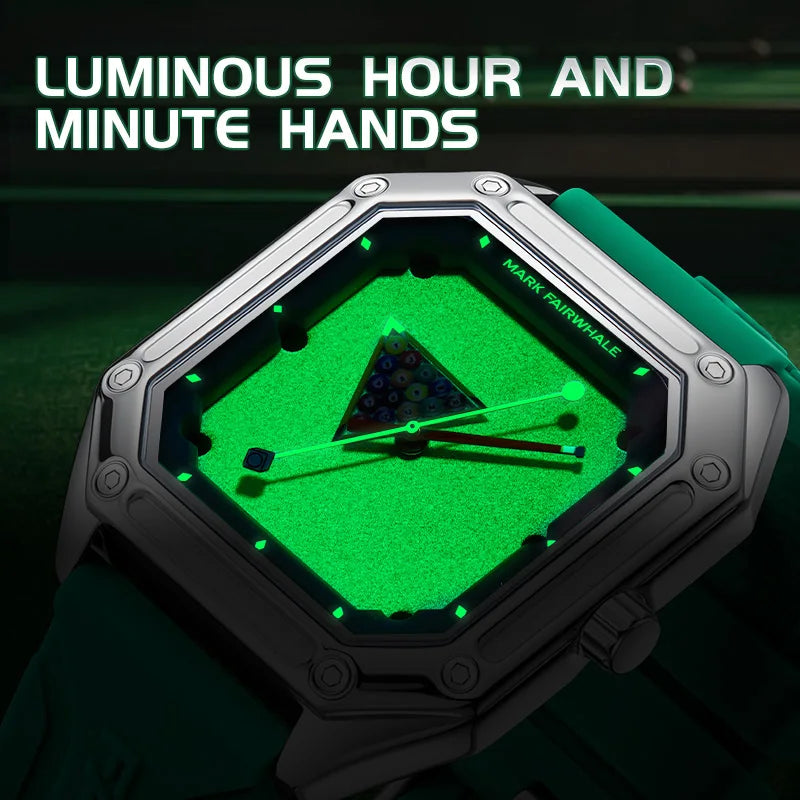 Mark Fairwhale 5047 Men Quartz Watch Square Case Luminous Billiards Dial Wristwatch Rubber Strap Watches for Men