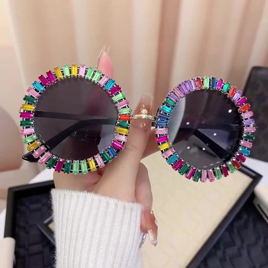 Luxury Brand Designer Round Diamond Sunglasses Women For Female Fashion Vintage Party Travel Steampunk Sun Glasses Shades UV400
