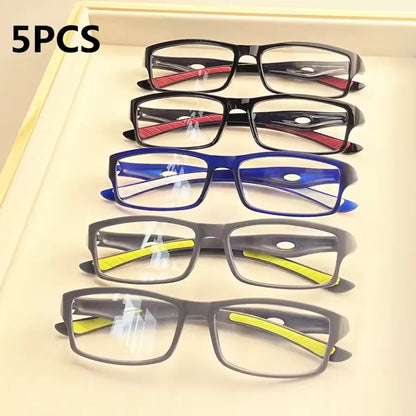 5PCS Sport Style Non-Prescription Reading Glasses Anti-Blue Light Rectangular Full Rim Eyewear, PC Frame Material