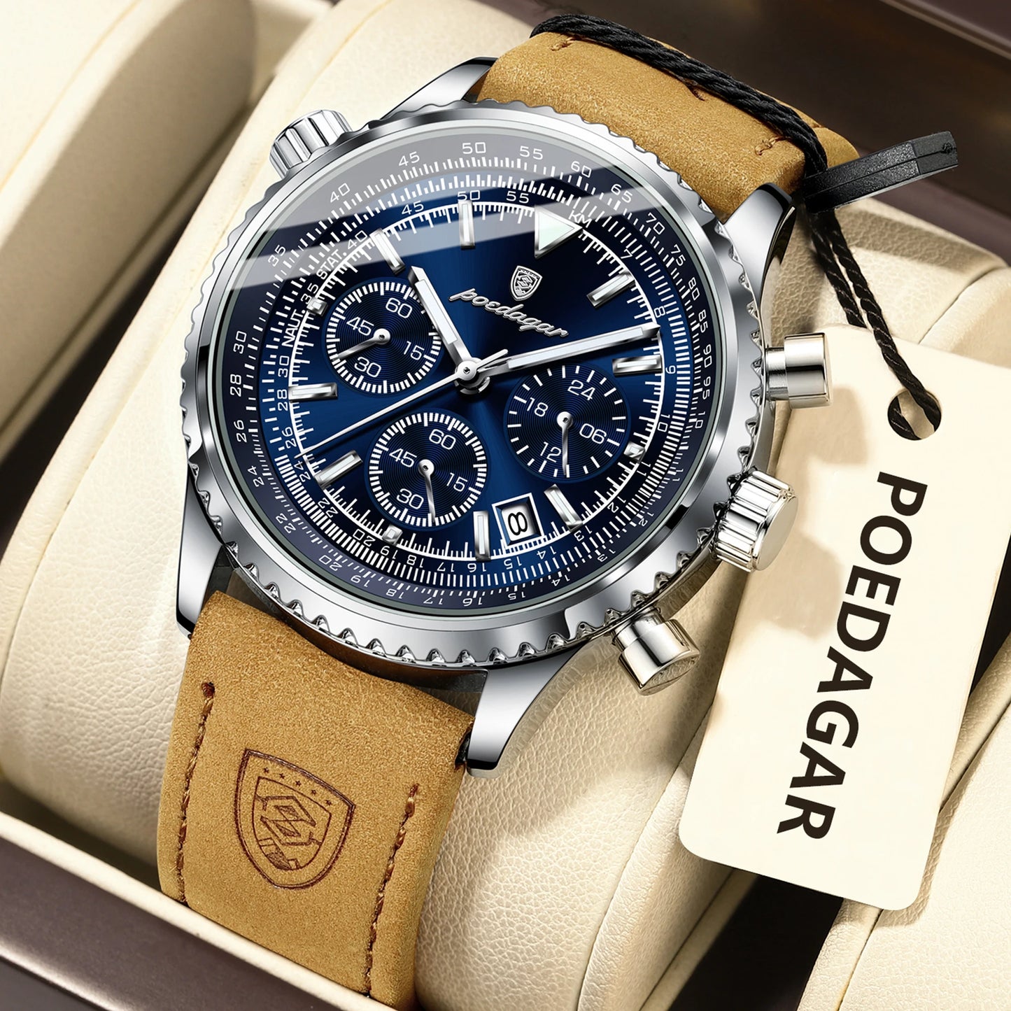 POEDAGAR Original Men's Clock Chronograph Date Waterproof Luminous Luxury Male Wristwatch Fashion Leather Quartz Watches For Man