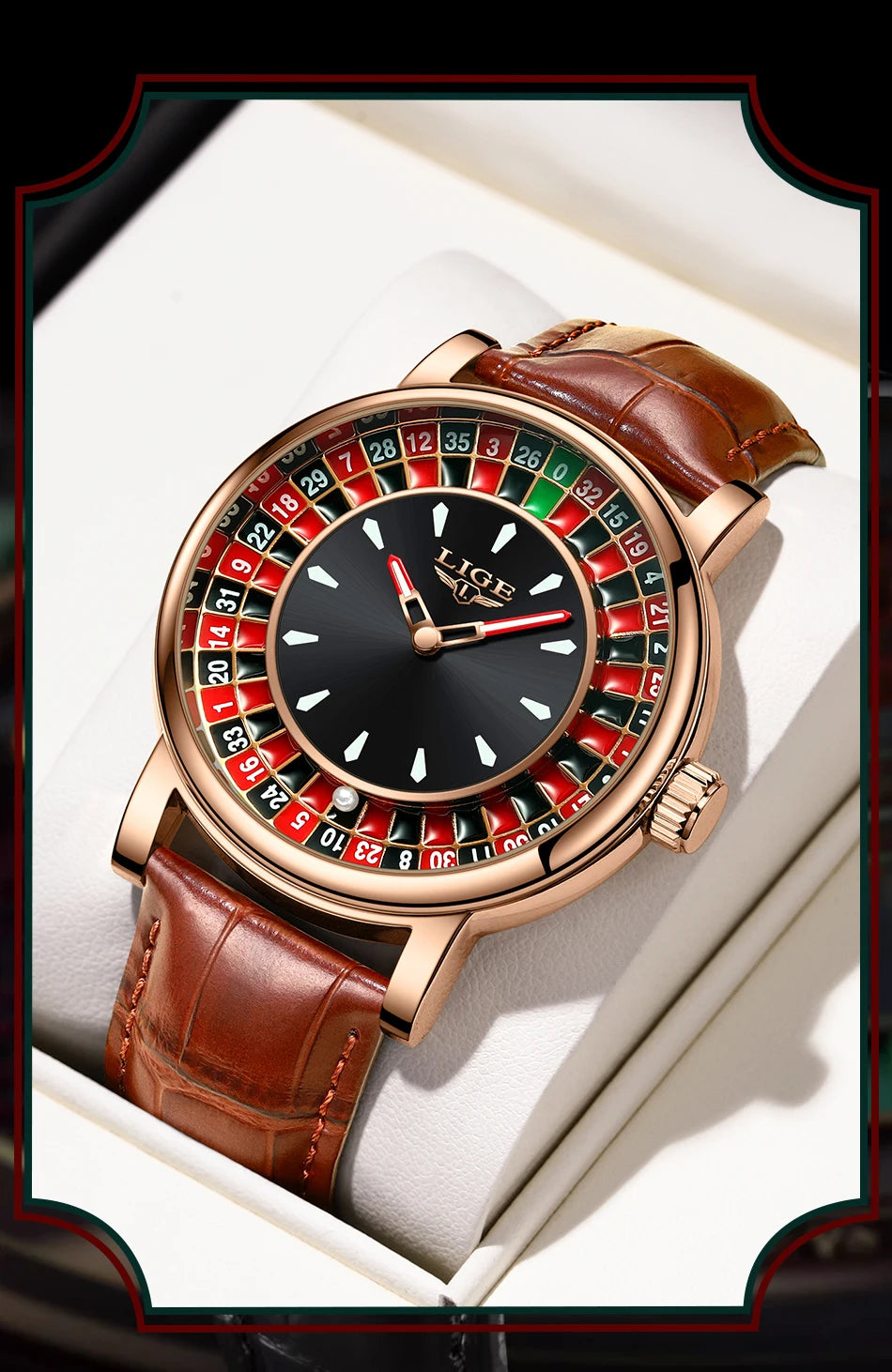 LIGE Creative Golden Mens Watches Roulette Game Dial Fashion Man Watch Waterproof Luminous Quartz Wristwatches Rolling Ball+Box