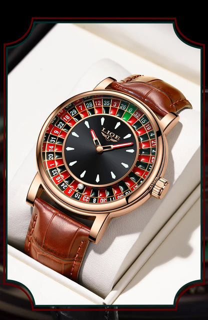 LIGE Creative Golden Mens Watches Roulette Game Dial Fashion Man Watch Waterproof Luminous Quartz Wristwatches Rolling Ball+Box