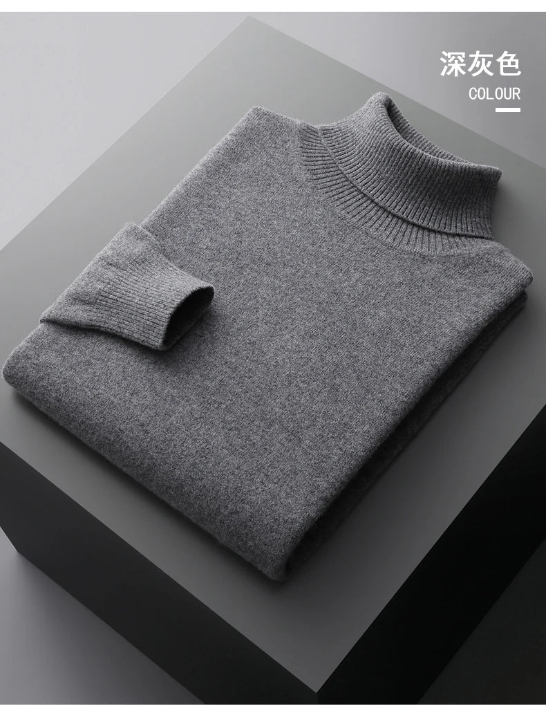 Autumn and winter new 100% pure merino wool pullover men's turtleneck cashmere sweater thickened warm  loose solid color top
