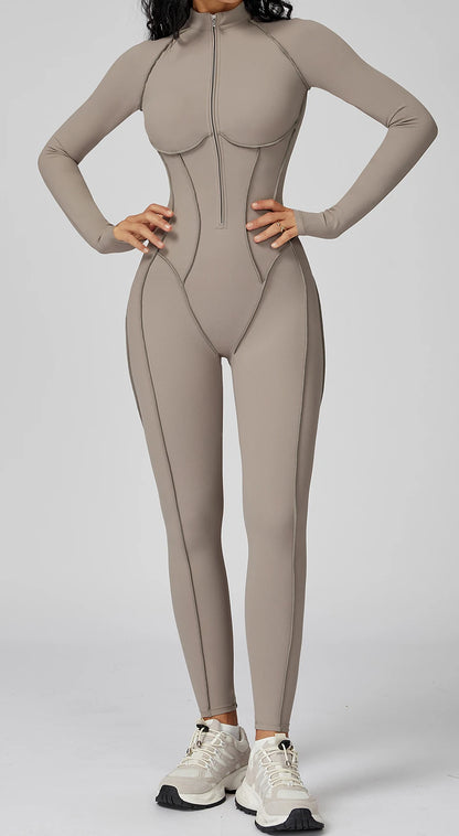 Women's Contrast Collar Half-Zip Bodysuit One-Piece High-Intensity Fitness Sports Jumpsuit Yoga Suit