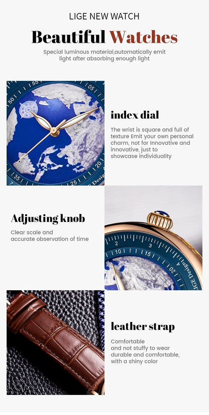 LIGE Mens Watches Fashion Blue Planet Creative Earth Quartz Wristwatch Leather Waterproof Watch For Men Clock Relogio Masculino