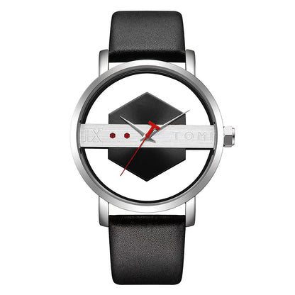 TOMI Fashionable and Minimalist Men's Leather Watch Strap Personalized Hollow Perspective Glass Bottom Cover Quartz Watch