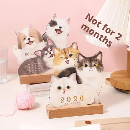 Wooden Base 2026 3D Cat Dog Series Desk Calendar,Multifunctional Desktop Planner Calendar Yearly Agenda Organizer for Home Offic
