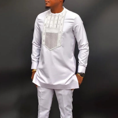 African Muslim Men Wedding Suit 2 Piece Set Long Sleeve Round Neck Top and Pants Traditional Style