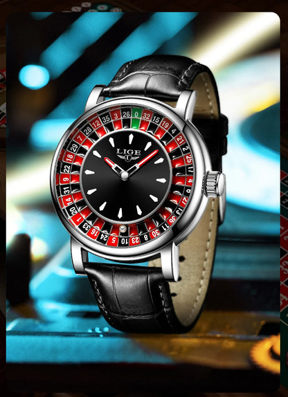 LIGE Creative Golden Mens Watches Roulette Game Dial Fashion Man Watch Waterproof Luminous Quartz Wristwatches Rolling Ball+Box