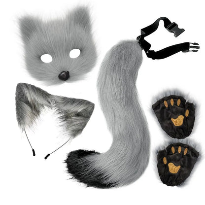 4-piece fur fox costume accessory set - including mask, gloves, headband, tail, with realistic fur and claws, perfect for Hallow