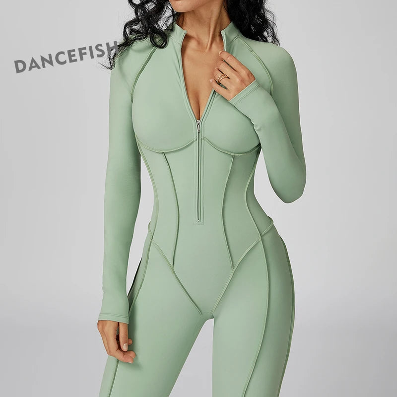 Women's Contrast Collar Half-Zip Bodysuit One-Piece High-Intensity Fitness Sports Jumpsuit Yoga Suit