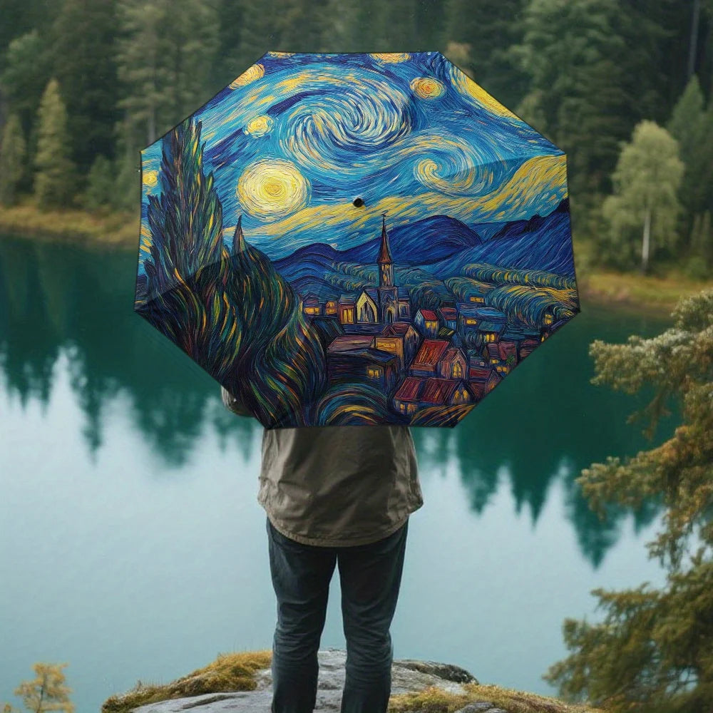 1pc Starry Night Glow Print Umbrella - Van Gogh-Inspired Automatic Open/Close Compact Folding Umbrella with 8-Rib Durable Fram