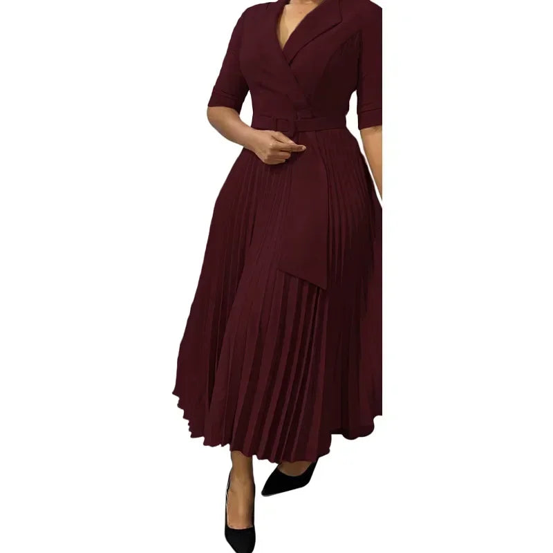 2025 Dashiki African Dresses for Women Autumn Elegant Half Sleeve V-neck Polyester Pleat Dress Ankara Dresses African Clothes