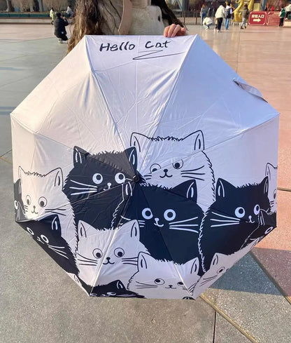 Black and white cat auto umbrella for sun and rain; cute portable sunshade with UV protection; black rubber folding sun umbrella