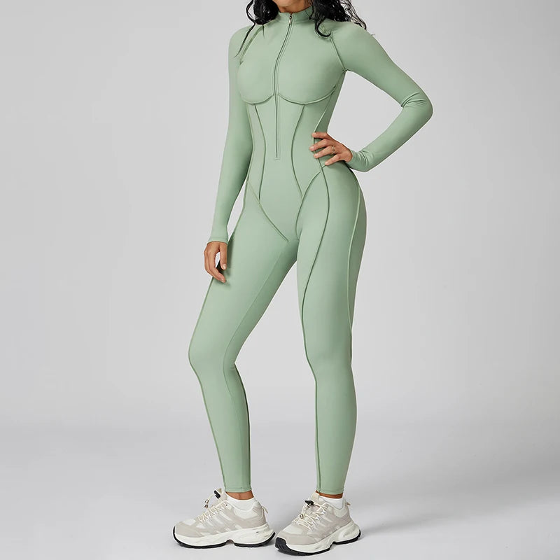 Women's Contrast Collar Half-Zip Bodysuit One-Piece High-Intensity Fitness Sports Jumpsuit Yoga Suit