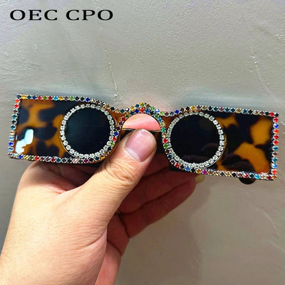 Unique Hand Diamond Square Women Sunglasses Luxury Rhinestone Small Round Lens Shades Female New Wide Legs Sun Glasses Men UV400