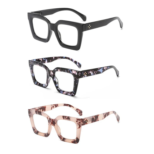 Three pairs of stylish and comfortable large-framed reading glasses, blue light protection, suitable for both men and women