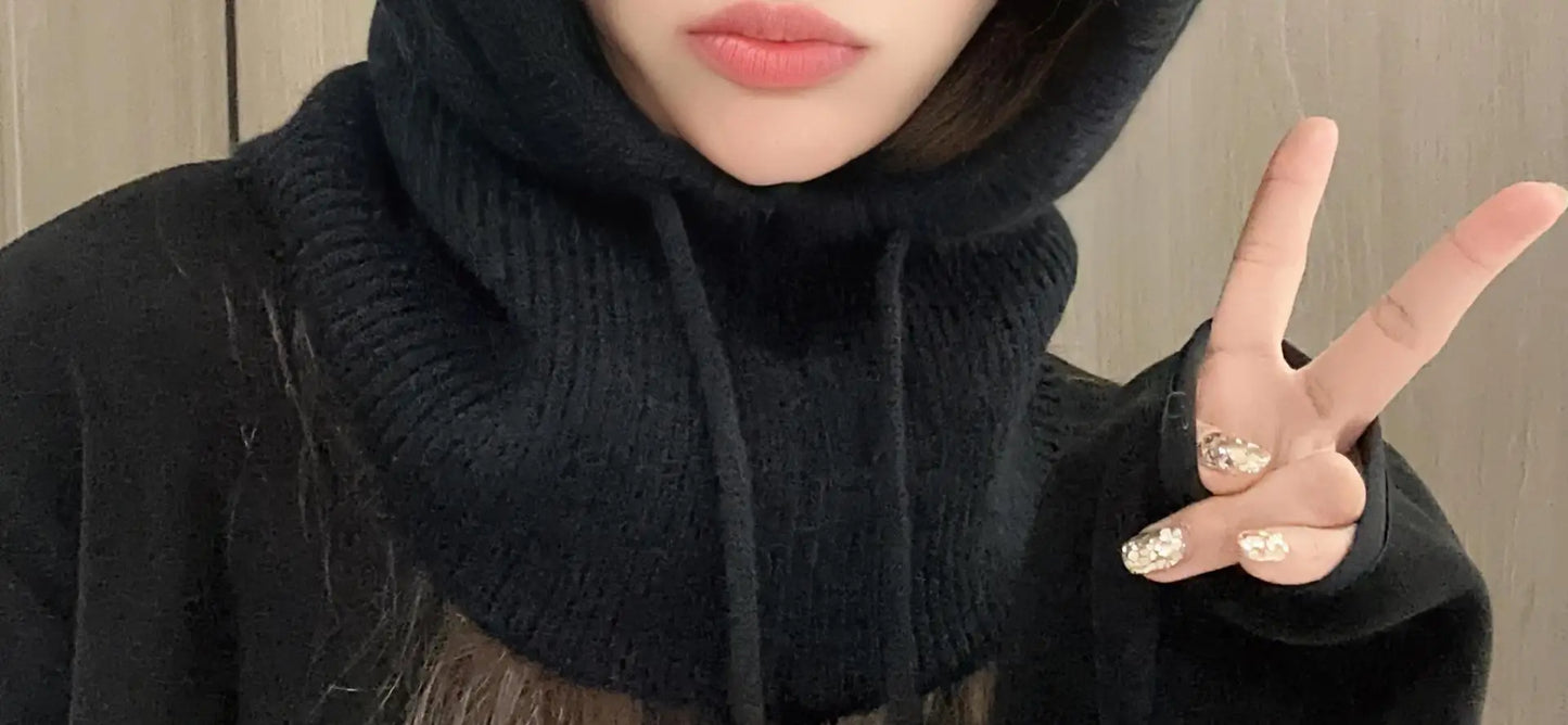 Knitted Hooded Caps Winter Balaclava Hats Women Korean Style Outdoor Warmer Drawstring Hats One-piece Neck Collar Beanies Cap