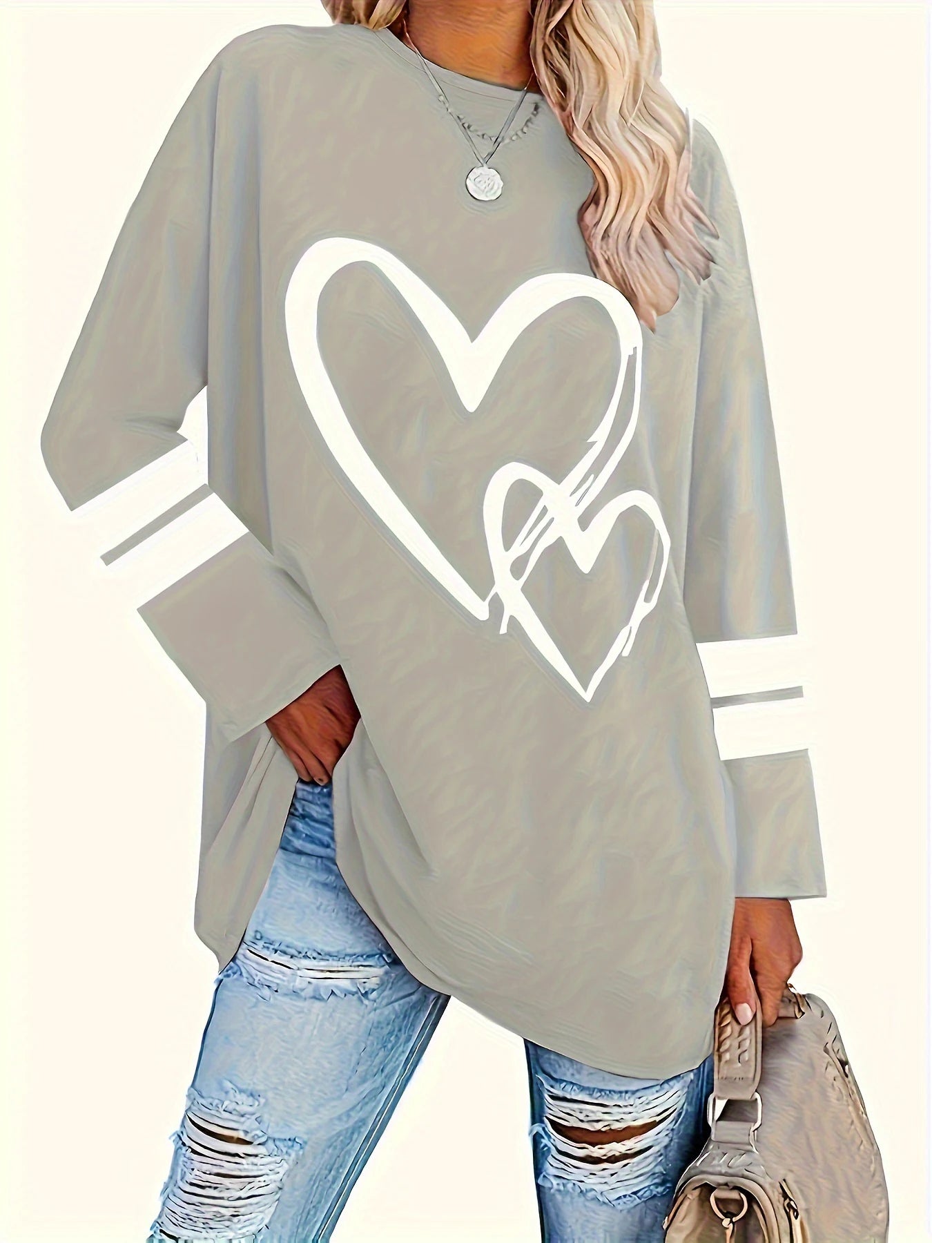 Plus Size eyelet hollow solid  heart-shaped printed long-sleeved top autumn and winter women's casual T-shirt with light stretch