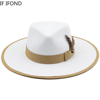 2022 New Feather band Felt Fedora Hats for Women Wide Brim Men Formal Jazz Hats Panama Church Wedding Dress Hat chapeu feminino