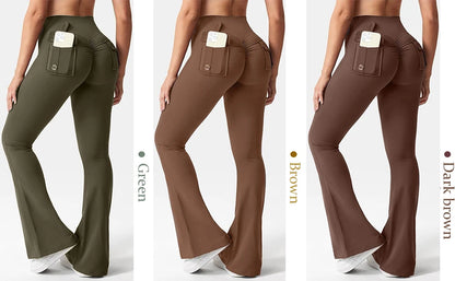Women's Yoga Flare Trousers, High-Waisted Tummy-Control Wide-Leg Trousers Outdoor Casual Leggings with Pockets, Gym Workout Trou