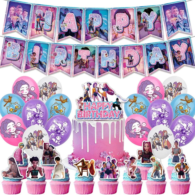 Kpop Birthday Party Decoration Tableware Set Birthday Party Supplies Balloons Cake Topper Hanging Flag Cups K-pop Party Decor