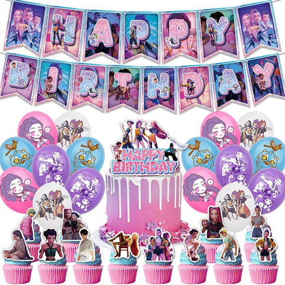 Kpop Birthday Party Decoration Tableware Set Birthday Party Supplies Balloons Cake Topper Hanging Flag Cups K-pop Party Decor