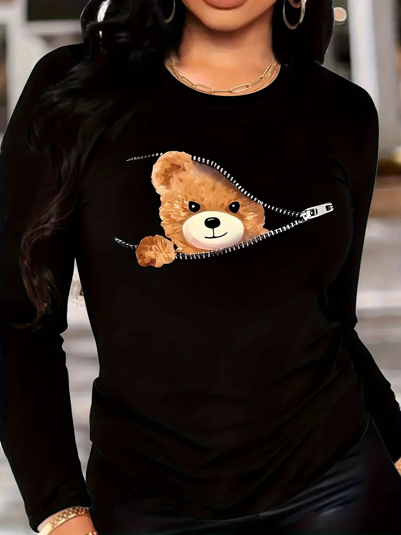 Teddy Bear Print Crew Neck T shirt Casual Long Autumn winter top women's long sleeved T-shirt loose comfortable black  white