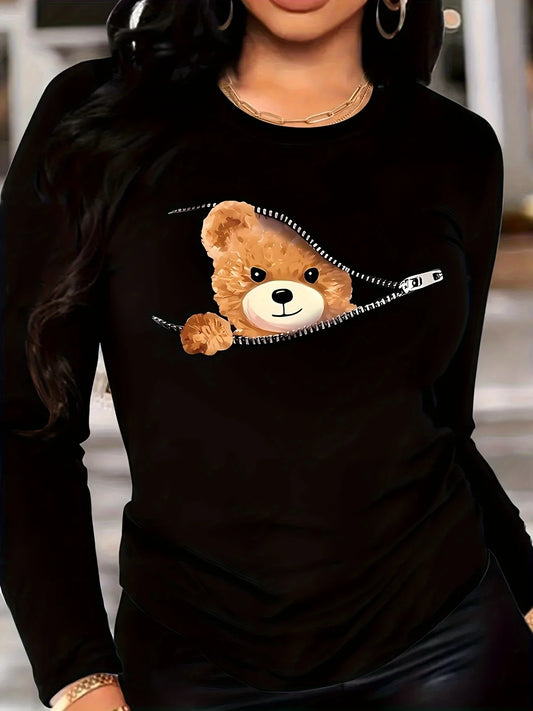 Teddy Bear Print Crew Neck T shirt Casual Long Autumn winter top women's long sleeved T-shirt loose comfortable black  white