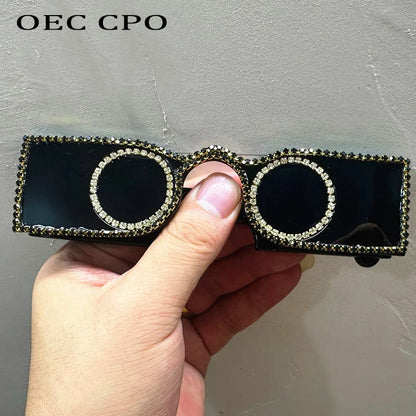 Unique Hand Diamond Square Women Sunglasses Luxury Rhinestone Small Round Lens Shades Female New Wide Legs Sun Glasses Men UV400