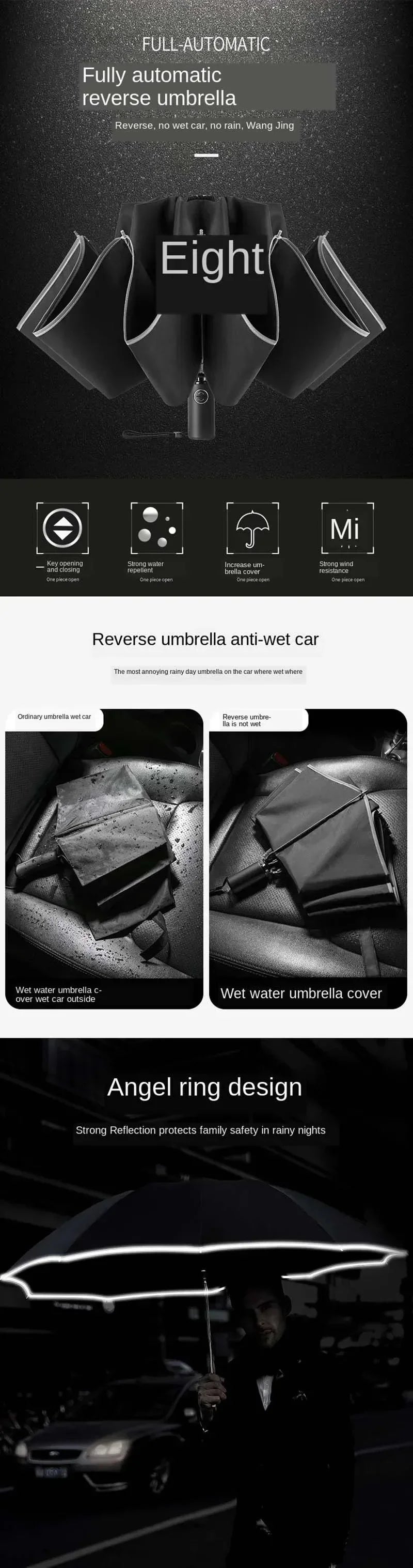 20 Bones Fully Automatic Reverse Folding Umbrella with Windproof Reflective Stripe UV Umbrellas