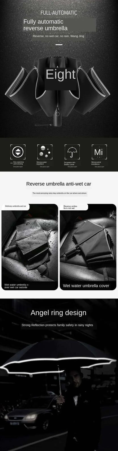 20 Bones Fully Automatic Reverse Folding Umbrella with Windproof Reflective Stripe UV Umbrellas