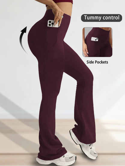 Women Flare Leggings with Pockets High Waisted Super Soft Tummy Control No See Through Yoga Running Workout Home Casual