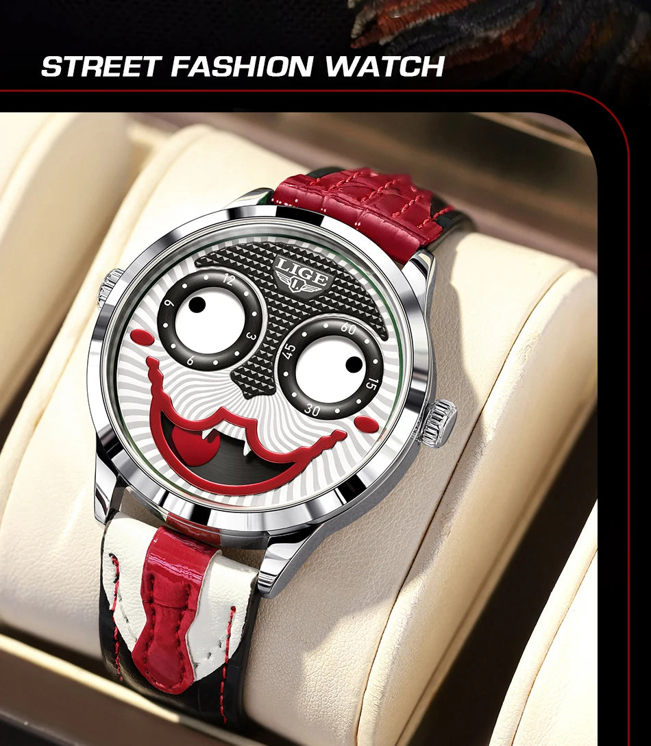 LIGE Creative Joker Watch Men Clown Men's Watches Fashion Leather Strap Waterproof Quartz Wristwatches Moon Phase Clock+BOX