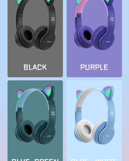 Wireless Headset Flash Light Kids Ear Headphones with Mic Bluetooth Headsets Stereo Music Game Headphone Girls Boys Gift