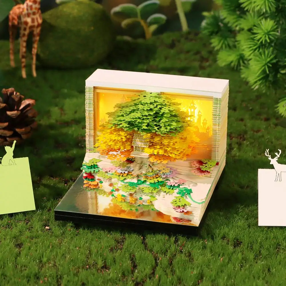 3D Calendar Sticky Notes of Flower Sea and Tree Island 2026 Unique Paper Sculpture Calendar For Desk Decor With Lights Design