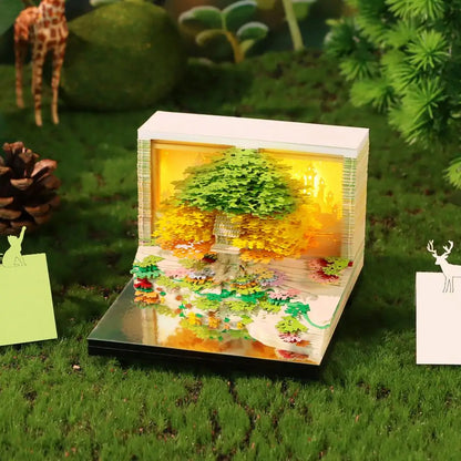 3D Calendar Sticky Notes of Flower Sea and Tree Island 2026 Unique Paper Sculpture Calendar For Desk Decor With Lights Design