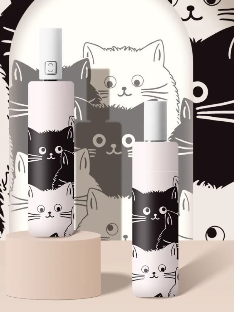 Black and white cat auto umbrella for sun and rain; cute portable sunshade with UV protection; black rubber folding sun umbrella