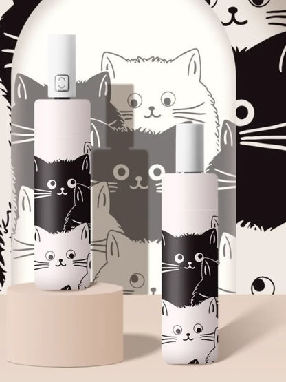 Black and white cat auto umbrella for sun and rain; cute portable sunshade with UV protection; black rubber folding sun umbrella